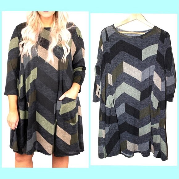 Egs by Eloges Color Block Chevron Pockets Shift mini Dress Size 1XL beachy boho - Picture 1 of 10